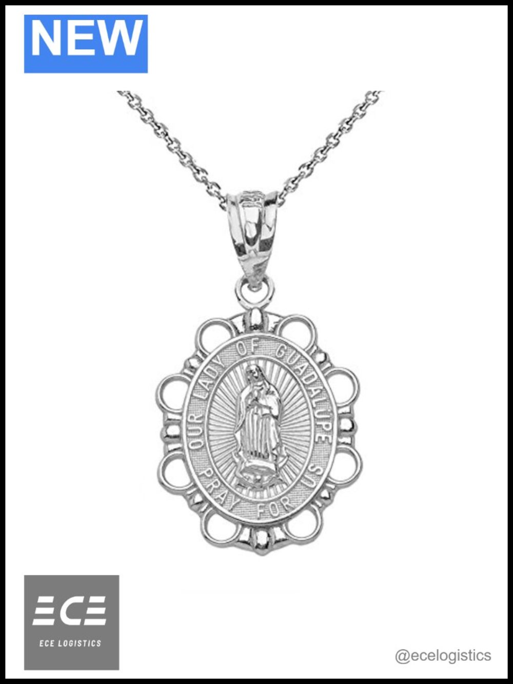 Sterling Silver Our Lady of Guadalupe Oval Pendant Necklace 16in